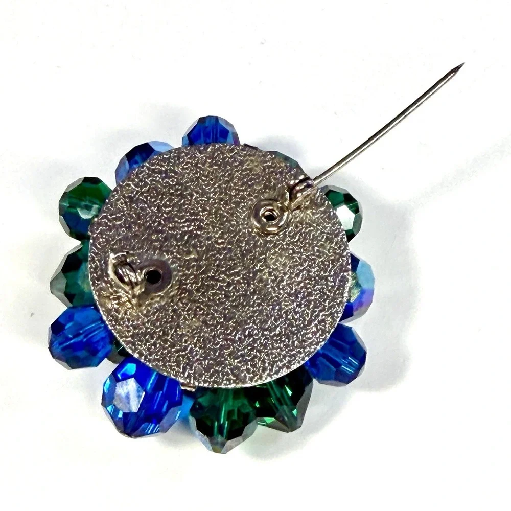 Vintage Blue Green AB Faceted Crystal Cluster Brooch Pin Flower Statement 1 1/2